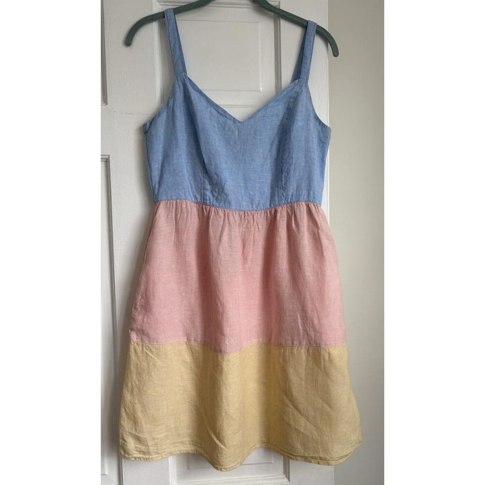 Cynthia Rowley 100% Linen Colorblock Tiered Mini‎ Dress Small Blue Pink Yellow